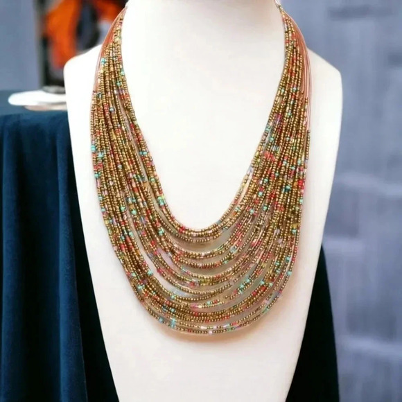🆕️ Glass Beaded Multicolored Multi-Strand Handmade Boho Chic Trendy Necklace - Picture 1 of 8